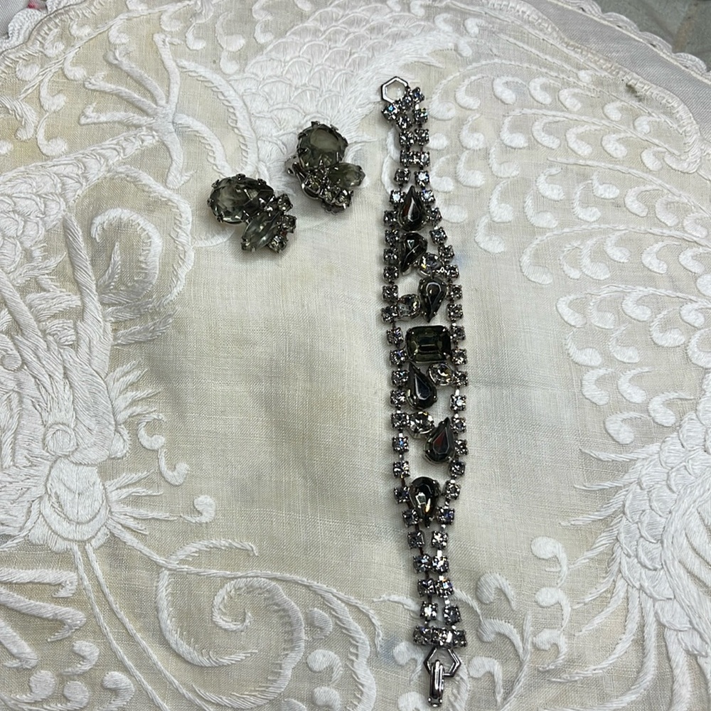 Vintage silver tone and light green/gray bracelet and earrings